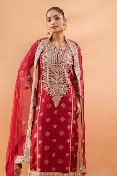 Shop_Gopi Vaid_Red Tussar, Organza Embroidery, Zari Split V-neck Kurta Palazzo Set _Online_at_Aza_Fashions