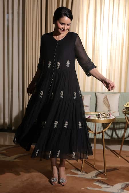 Summer By Priyanka Gupta Black Tier Mul Chanderi Dress 