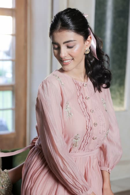 Summer By Priyanka Gupta_Pink Chanderi Embroidery Round Neck Noor E Bow Dress _Online_at_Aza_Fashions