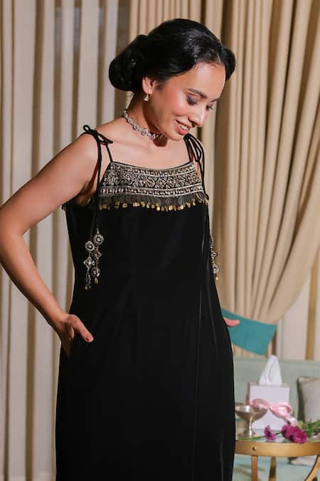 Summer By Priyanka Gupta Black Velvet Embroidery, Beads Square Neck Long Dress Online at Aza Fashions Summer By Priyanka Gupta_Black Velvet Embroidery, Beads Square Neck Long Dress _Online_at_Aza_Fashions