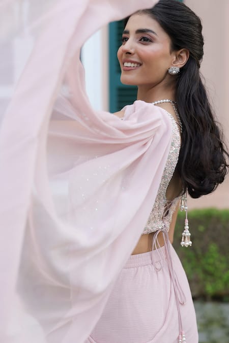 Summer By Priyanka Gupta_Pink Chiffon Beads, Sequins, Embroidery Scoop Stardust Draped Saree With Blouse _Online_at_Aza_Fashions