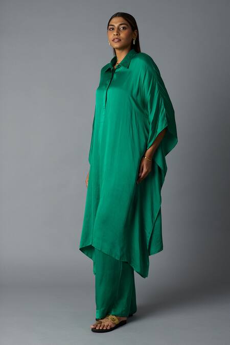 Vasstram_Emerald Green Modal, Satin, Silk Applique Chandni Shirt Style Kaftan With Pant _Online_at_Aza_Fashions