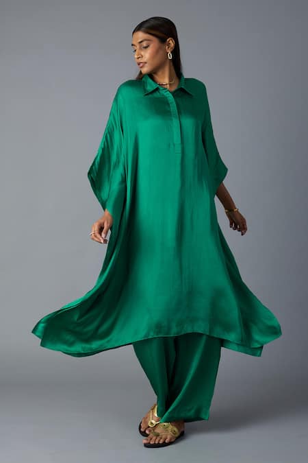 Buy_Vasstram_Emerald Green Modal, Satin, Silk Applique Chandni Shirt Style Kaftan With Pant _Online_at_Aza_Fashions