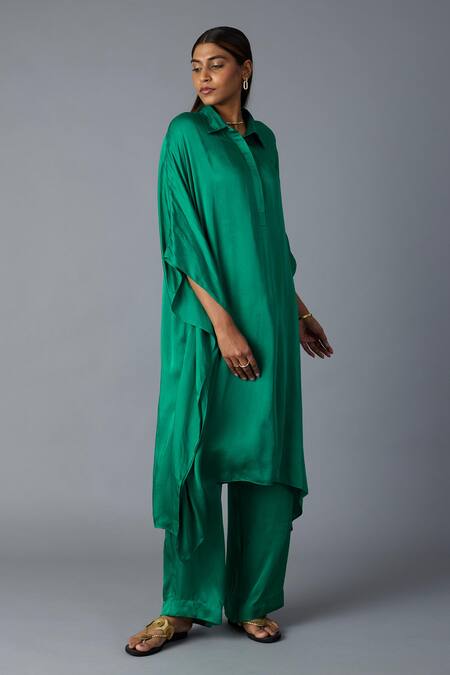 Shop_Vasstram_Emerald Green Modal, Satin, Silk Applique Chandni Shirt Style Kaftan With Pant _Online_at_Aza_Fashions