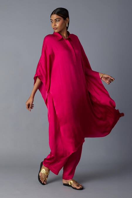 Shop Vasstram Pink Modal, Satin Applique Collared Chandni Solid Kaftan With Pant Online at Aza Fashions Shop_Vasstram_Pink Modal, Satin Applique Collared Chandni Solid Kaftan With Pant _Online_at_Aza_Fashions