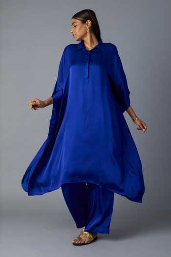 Vasstram_Blue Modal, Satin, Silk Applique Collared Chandni Shirt Style Kaftan With Pant _Online_at_Aza_Fashions