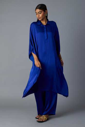 Shop_Vasstram_Blue Modal, Satin, Silk Applique Collared Chandni Shirt Style Kaftan With Pant _Online_at_Aza_Fashions