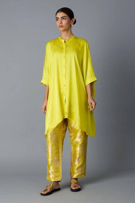 Vasstram_Yellow Modal, Satin Mandarin Collar Zoha Anti Fit Shirt _Online_at_Aza_Fashions