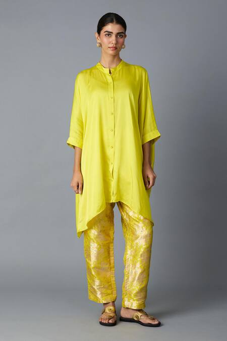 Shop_Vasstram_Yellow Modal, Satin Mandarin Collar Zoha Anti Fit Shirt _Online_at_Aza_Fashions