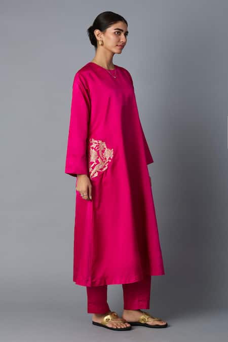 Vasstram_Pink Silk Zari Round Neck Geet Banarasi Kurta With Pant _Online_at_Aza_Fashions