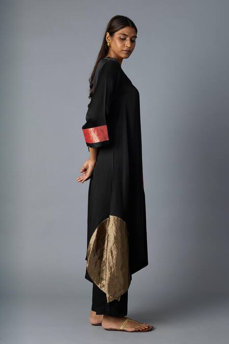 Buy_Vasstram_Black Modal, Satin, Silk Zari, Applique V-neck Rangoli Kaftan With Pant _Online_at_Aza_Fashions