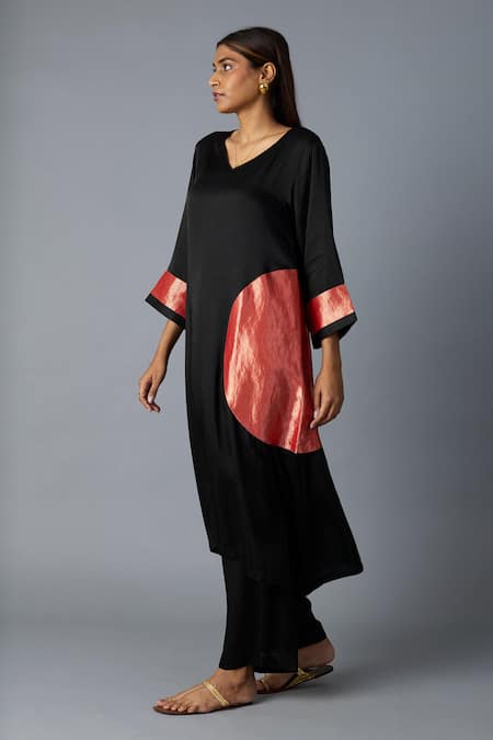 Shop_Vasstram_Black Modal, Satin, Silk Zari, Applique V-neck Rangoli Kaftan With Pant _Online_at_Aza_Fashions