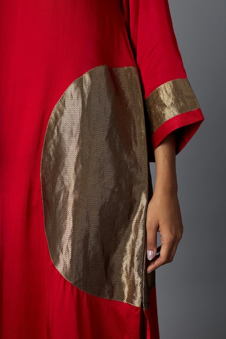 Vasstram_Red Modal, Satin, Silk Zari, Applique V-neck Rangoli Kaftan With Pant _Online_at_Aza_Fashions