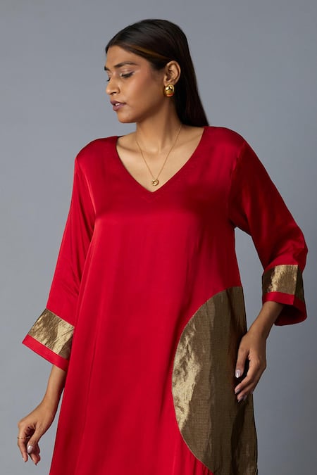 Buy_Vasstram_Red Modal, Satin, Silk Zari, Applique V-neck Rangoli Kaftan With Pant _Online_at_Aza_Fashions