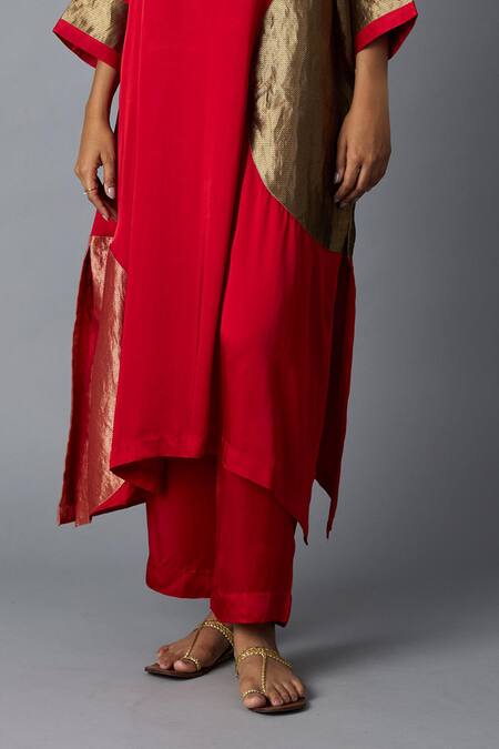 Shop_Vasstram_Red Modal, Satin, Silk Zari, Applique V-neck Rangoli Kaftan With Pant _Online_at_Aza_Fashions