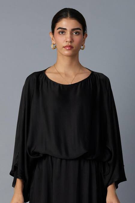 Vasstram_Black Modal, Satin Round Neck Solid Batwing Sleeve Dress _Online_at_Aza_Fashions