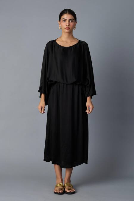 Shop_Vasstram_Black Modal, Satin Round Neck Solid Batwing Sleeve Dress _Online_at_Aza_Fashions