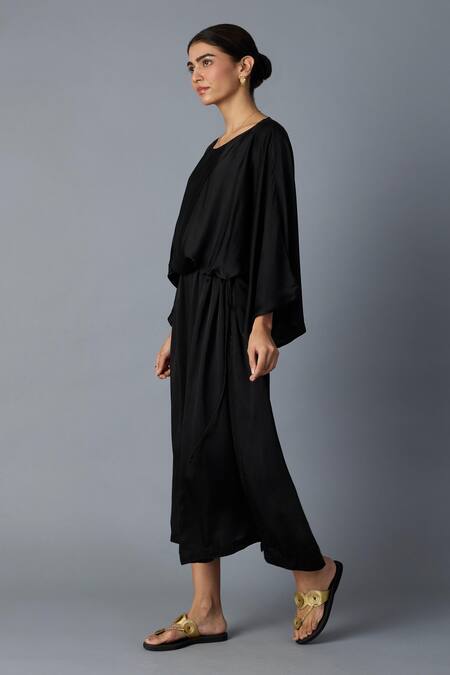 Vasstram_Black Modal, Satin Round Neck Solid Batwing Sleeve Dress _at_Aza_Fashions