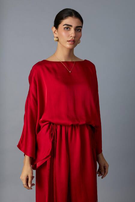 Vasstram_Red Modal, Satin Boat Neck Batwing Sleeve Dress _Online_at_Aza_Fashions
