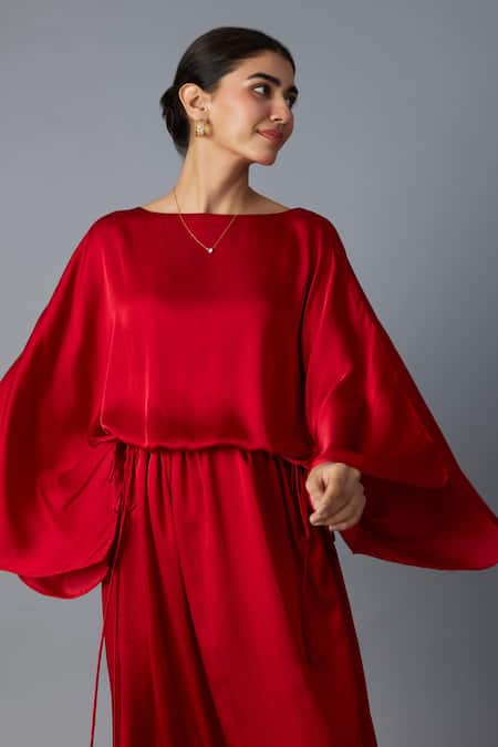 Buy_Vasstram_Red Modal, Satin Boat Neck Batwing Sleeve Dress _Online_at_Aza_Fashions