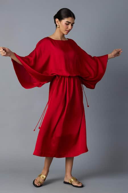 Shop_Vasstram_Red Modal, Satin Boat Neck Batwing Sleeve Dress _Online_at_Aza_Fashions