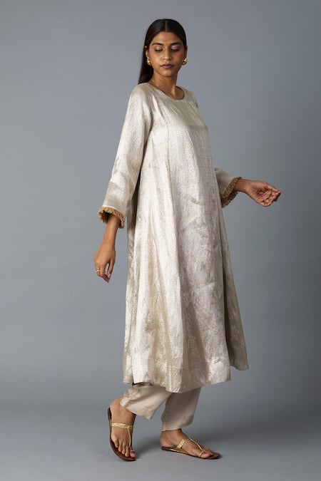 Buy_Vasstram_Silver Tissue, Modal, Satin Round Neck Chandi Kurta Set _Online_at_Aza_Fashions