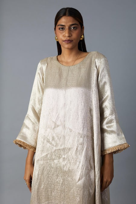Shop_Vasstram_Silver Tissue, Modal, Satin Round Neck Chandi Kurta Set _Online_at_Aza_Fashions