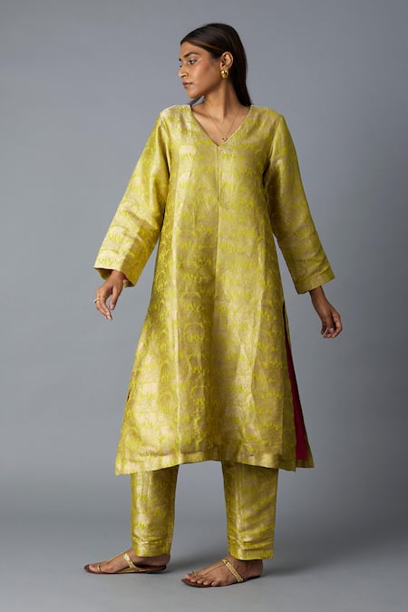 Shop_Vasstram_Yellow Brocade Zari V-neck Khajoor Kurta Pant Set _Online_at_Aza_Fashions