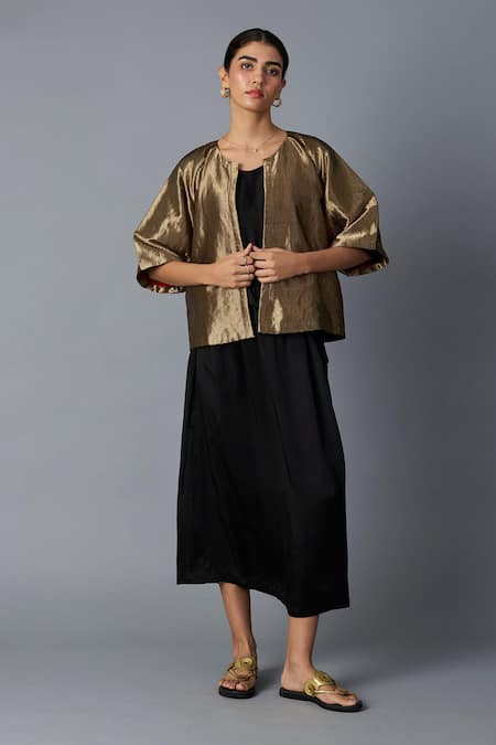 Vasstram Gold Brocade, Silk Zari Round Neck Chamkila Short Jacket Online at Aza Fashions Vasstram_Gold Brocade, Silk Zari Round Neck Chamkila Short Jacket _Online_at_Aza_Fashions