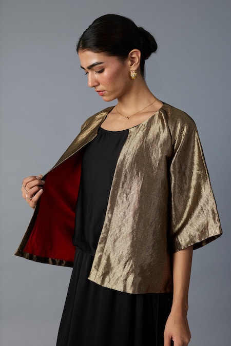 Shop Vasstram Gold Brocade, Silk Zari Round Neck Chamkila Short Jacket Online at Aza Fashions Shop_Vasstram_Gold Brocade, Silk Zari Round Neck Chamkila Short Jacket _Online_at_Aza_Fashions