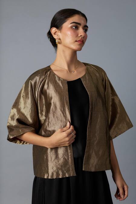 Vasstram Gold Brocade, Silk Zari Round Neck Chamkila Short Jacket at Aza Fashions Vasstram_Gold Brocade, Silk Zari Round Neck Chamkila Short Jacket _at_Aza_Fashions