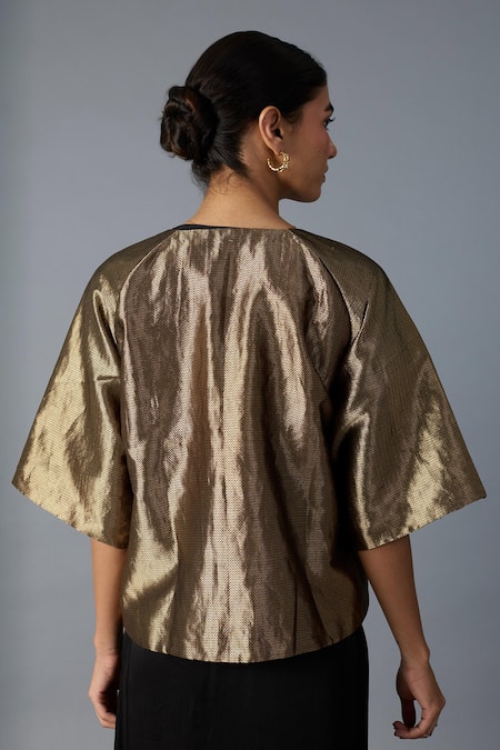 Shop Vasstram Gold Brocade, Silk Zari Round Neck Chamkila Short Jacket at Aza Fashions Shop_Vasstram_Gold Brocade, Silk Zari Round Neck Chamkila Short Jacket _at_Aza_Fashions
