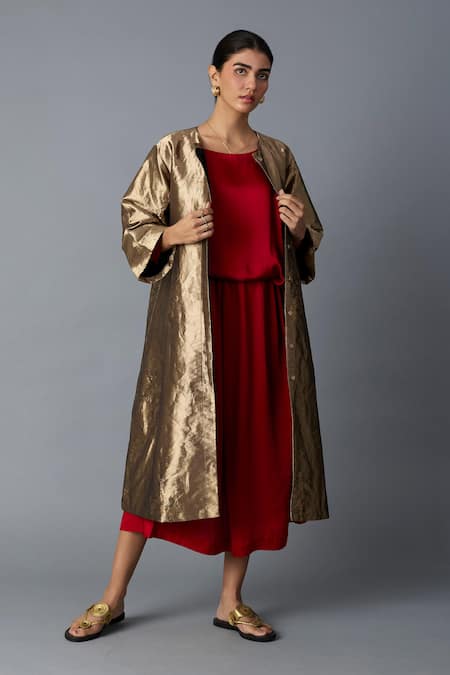 Vasstram_Gold Brocade, Silk Round Neck Chidiya Metallic Jacket _Online_at_Aza_Fashions