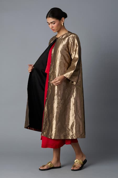 Buy_Vasstram_Gold Brocade, Silk Round Neck Chidiya Metallic Jacket _Online_at_Aza_Fashions