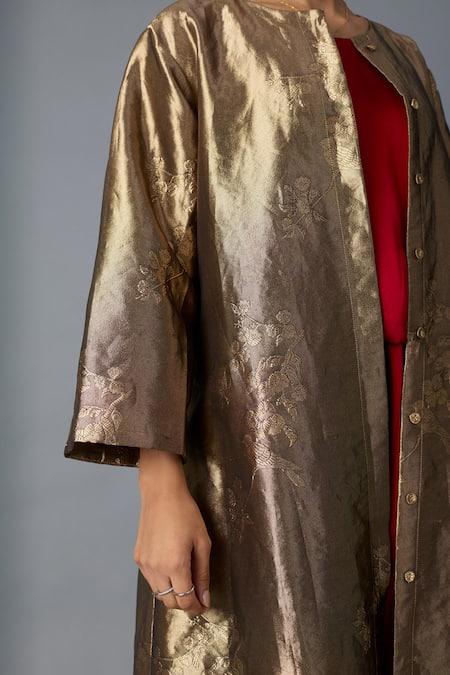 Shop_Vasstram_Gold Brocade, Silk Round Neck Chidiya Metallic Jacket _Online_at_Aza_Fashions