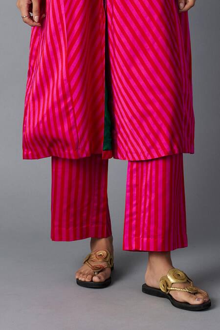 Vasstram_Pink Silk Round Neck Husna Striped Jacket And Pant Set _Online_at_Aza_Fashions