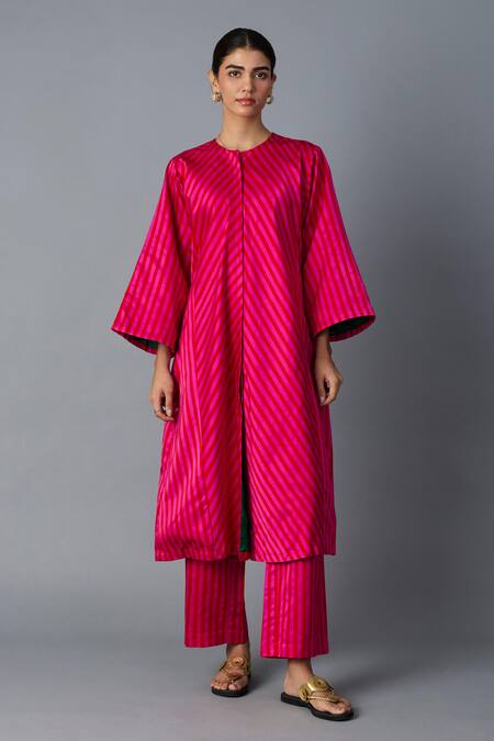 Vasstram_Pink Silk Round Neck Husna Striped Jacket And Pant Set _at_Aza_Fashions