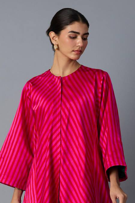 Shop_Vasstram_Pink Silk Round Neck Husna Striped Jacket And Pant Set 