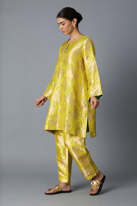 Shop_Vasstram_Yellow Brocade Embroidery, Zari Round Neck Hazara Floral Woven Kurta And Pant Set _Online_at_Aza_Fashions