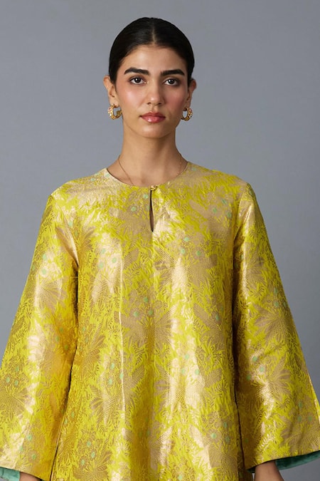 Buy_Vasstram_Yellow Brocade Embroidery, Zari Round Neck Hazara Floral Woven Kurta And Pant Set 