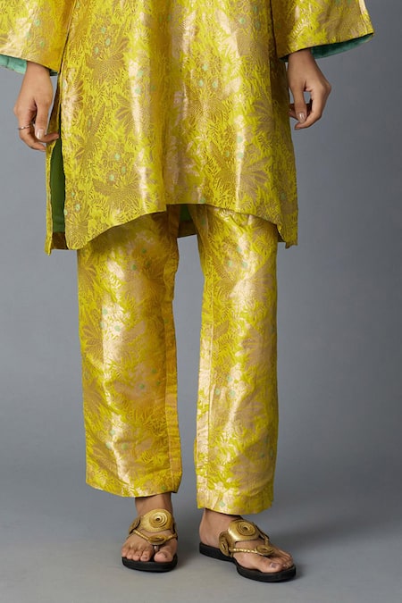 Shop_Vasstram_Yellow Brocade Embroidery, Zari Round Neck Hazara Floral Woven Kurta And Pant Set 