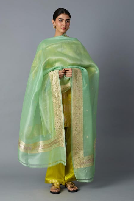 Shop_Vasstram_Yellow Brocade, Modal, Satin Zari, Hazara Floral Woven Kurta And Pant Set _Online_at_Aza_Fashions