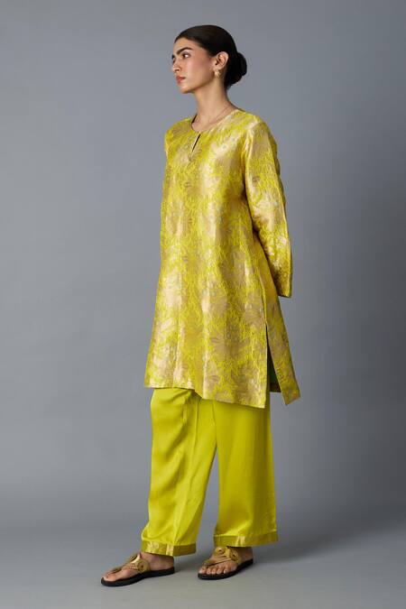 Vasstram_Yellow Brocade, Modal, Satin Zari, Hazara Floral Woven Kurta And Pant Set _at_Aza_Fashions