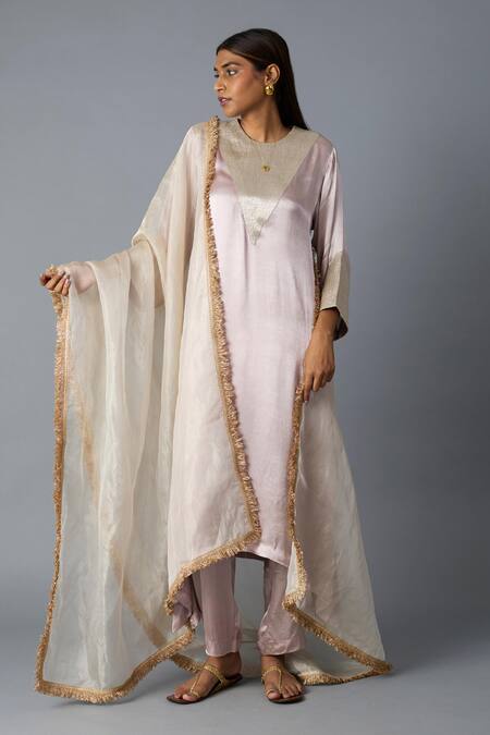 Buy_Vasstram_Pink Modal, Satin, Tissue Zari Round Neck Tikona Panelled Kurta And Pant Set _Online_at_Aza_Fashions