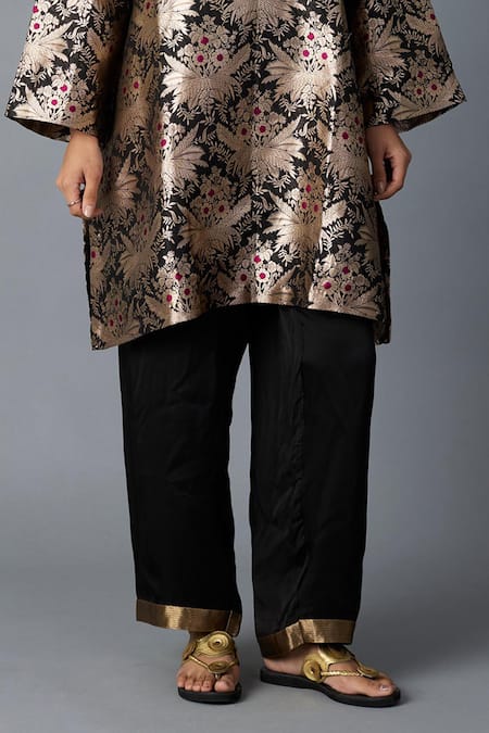 Vasstram_Black Brocade, Modal, Satin Zari, Hazara Floral Woven Kurta And Pant Set _Online_at_Aza_Fashions