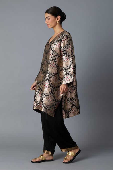 Buy_Vasstram_Black Brocade, Modal, Satin Zari, Hazara Floral Woven Kurta And Pant Set _Online_at_Aza_Fashions