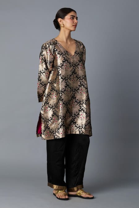 Shop_Vasstram_Black Brocade, Modal, Satin Zari, Hazara Floral Woven Kurta And Pant Set _Online_at_Aza_Fashions