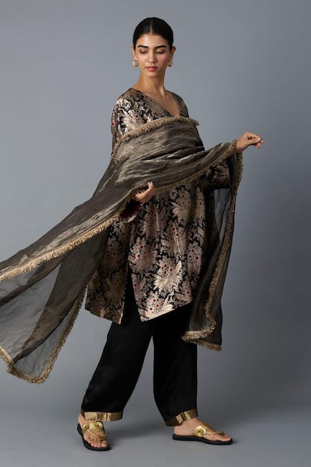 Vasstram_Black Brocade, Modal, Satin Zari, Hazara Floral Woven Kurta And Pant Set _at_Aza_Fashions