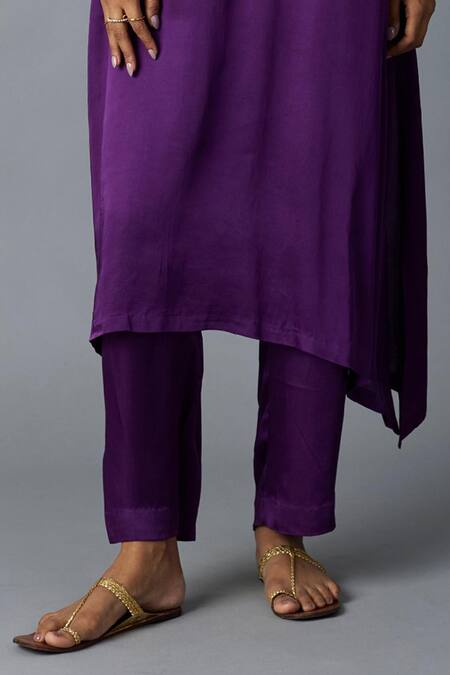Vasstram_Purple Modal, Satin, Tissue Zari Round Neck Tikona Panelled Kurta And Pant Set _Online_at_Aza_Fashions