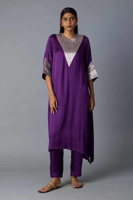 Buy_Vasstram_Purple Modal, Satin, Tissue Zari Round Neck Tikona Panelled Kurta And Pant Set _Online_at_Aza_Fashions